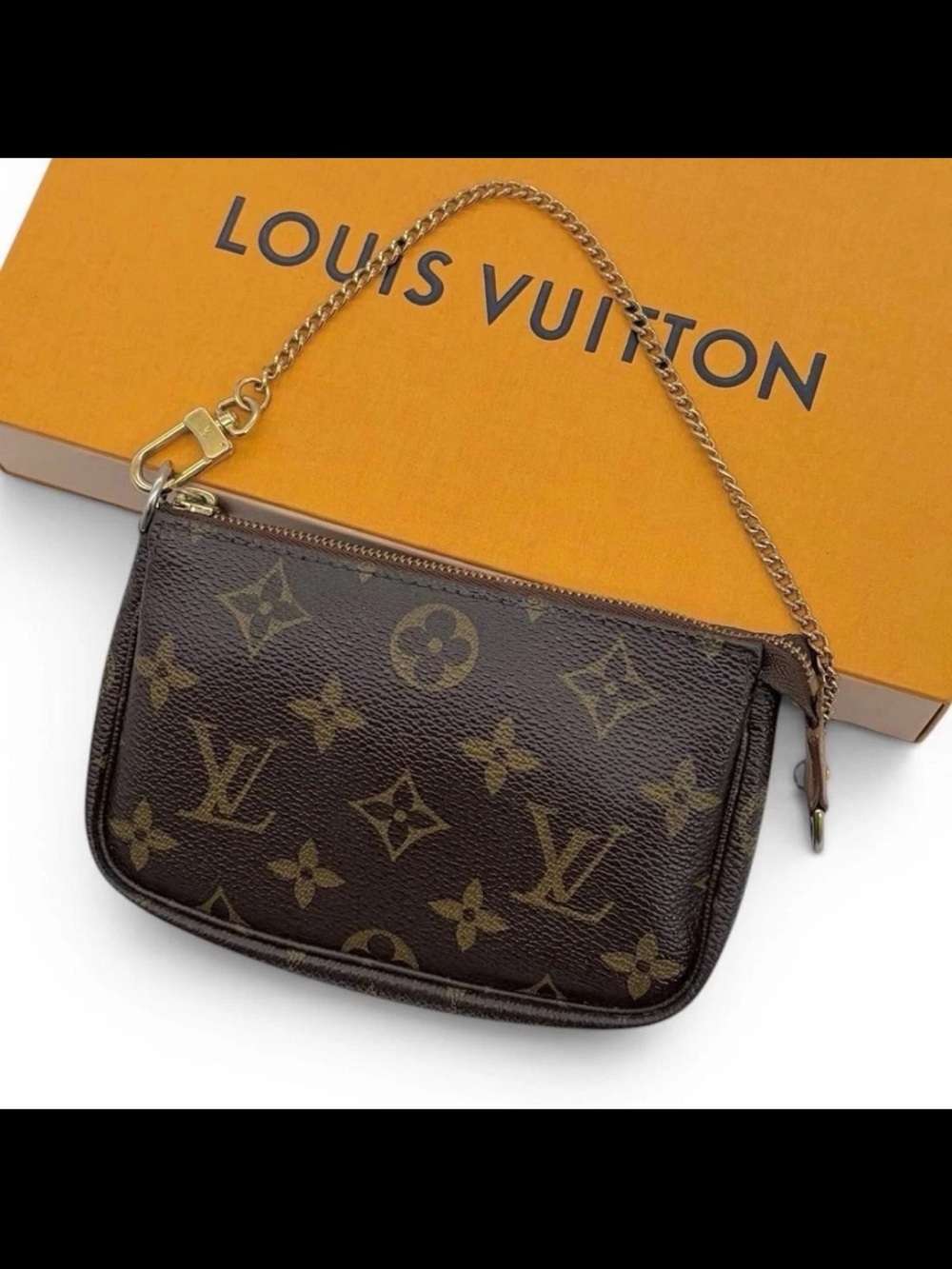 Louis Vuitton Monogram Mini Pochette in Brown with Gold Chain Strap